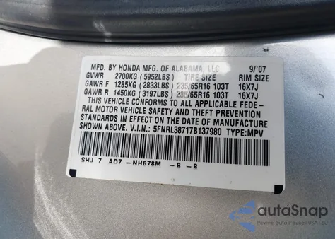 2007 Honda Odyssey Ex-L from USA, damaged, VIN 5FNRL38717B137980